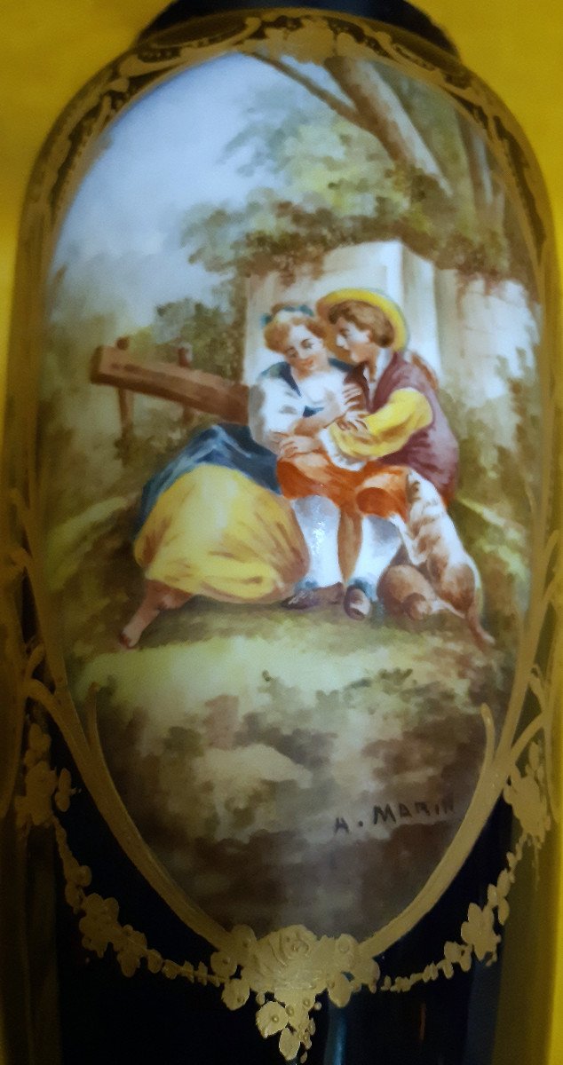 Large Sèvres Blue Porcelain Vase Gold Galante Scene Hand Painted A.marin19th-photo-4