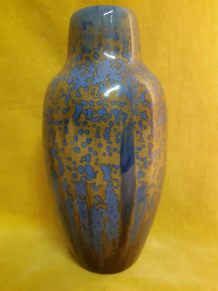 Large Baluster Vase Straight Neck Pierrefonds Stoneware Crystallized Enamels Art Deco 1930-photo-3