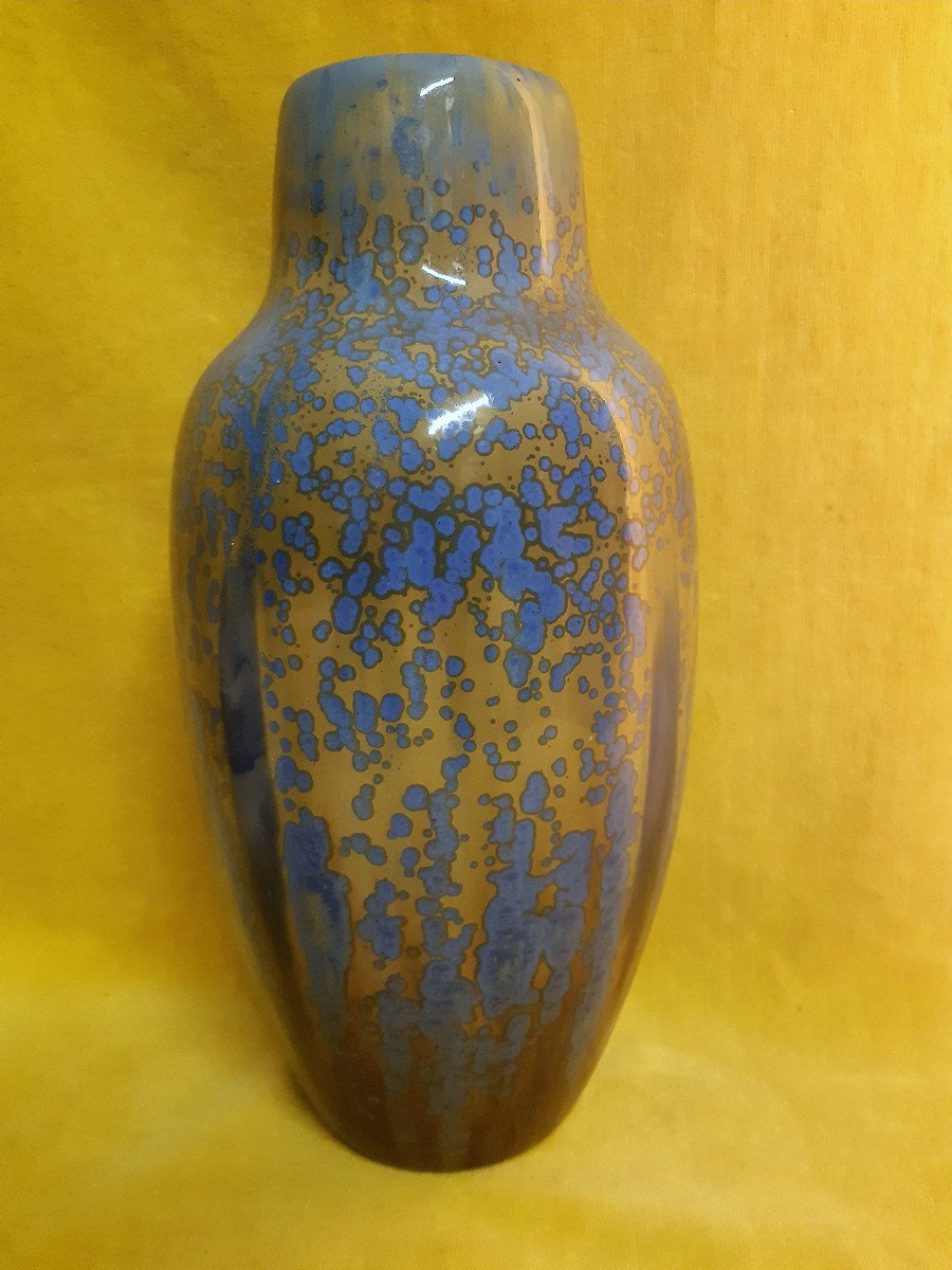 Large Baluster Vase Straight Neck Pierrefonds Stoneware Crystallized Enamels Art Deco 1930-photo-4