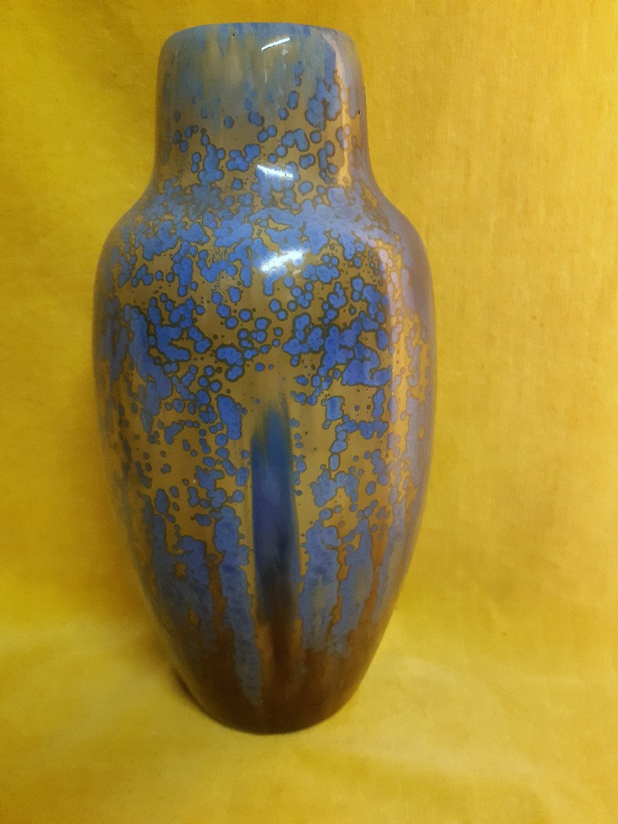 Large Baluster Vase Straight Neck Pierrefonds Stoneware Crystallized Enamels Art Deco 1930-photo-1