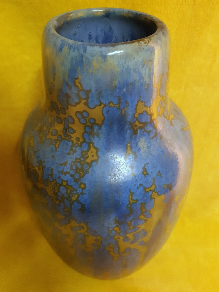 Large Baluster Vase Straight Neck Pierrefonds Stoneware Crystallized Enamels Art Deco 1930-photo-2