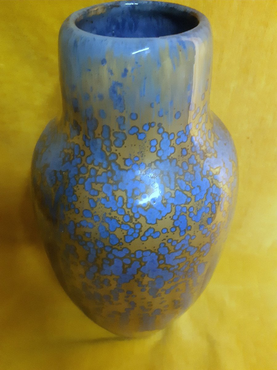 Large Baluster Vase Straight Neck Pierrefonds Stoneware Crystallized Enamels Art Deco 1930-photo-4