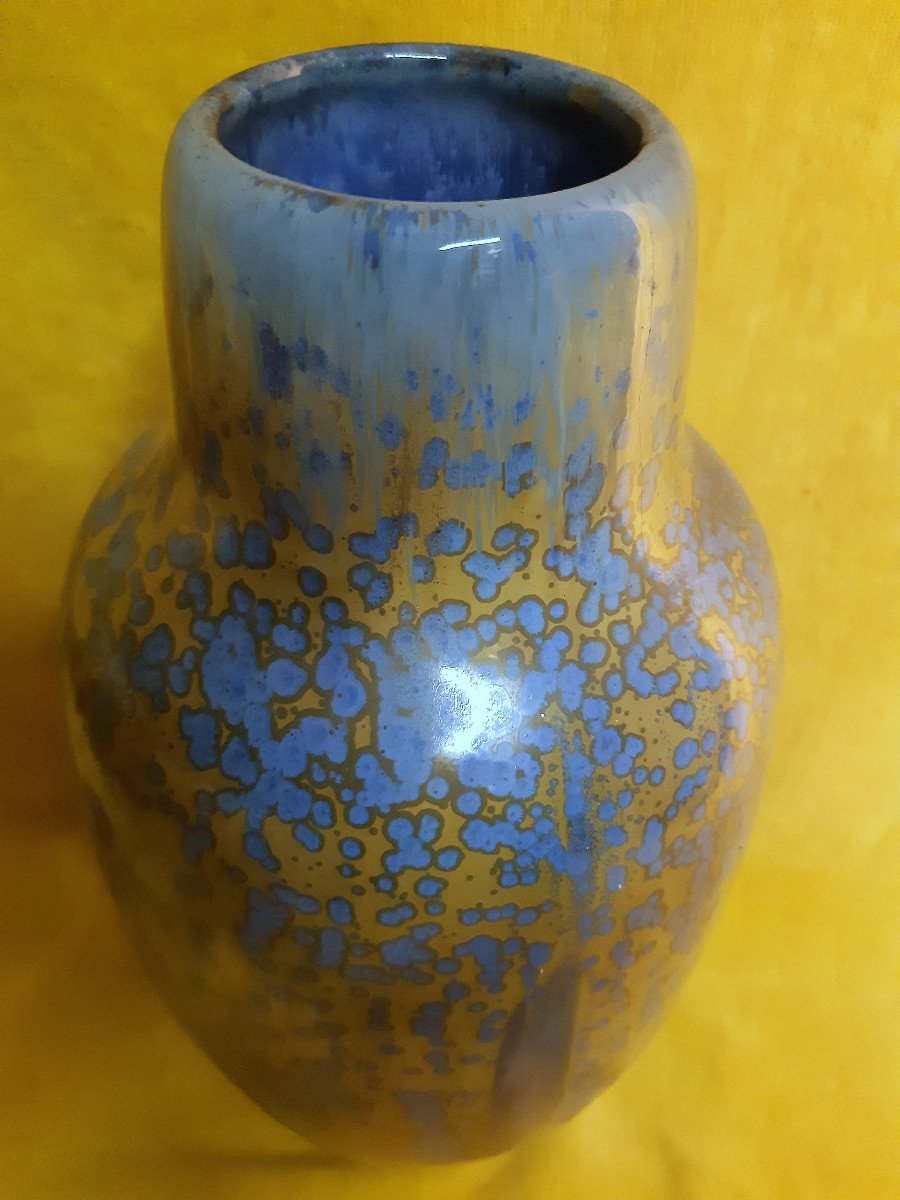 Large Baluster Vase Straight Neck Pierrefonds Stoneware Crystallized Enamels Art Deco 1930-photo-5