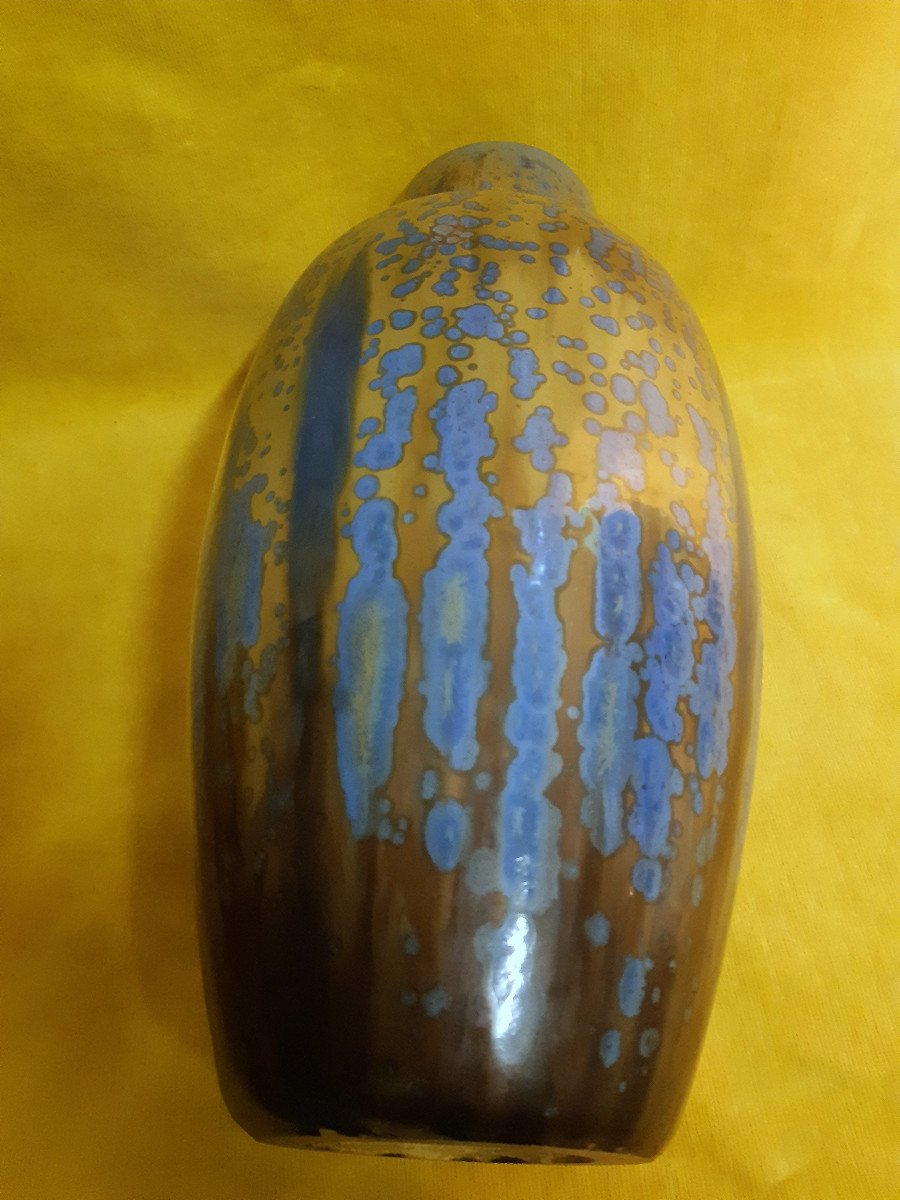 Large Baluster Vase Straight Neck Pierrefonds Stoneware Crystallized Enamels Art Deco 1930-photo-7