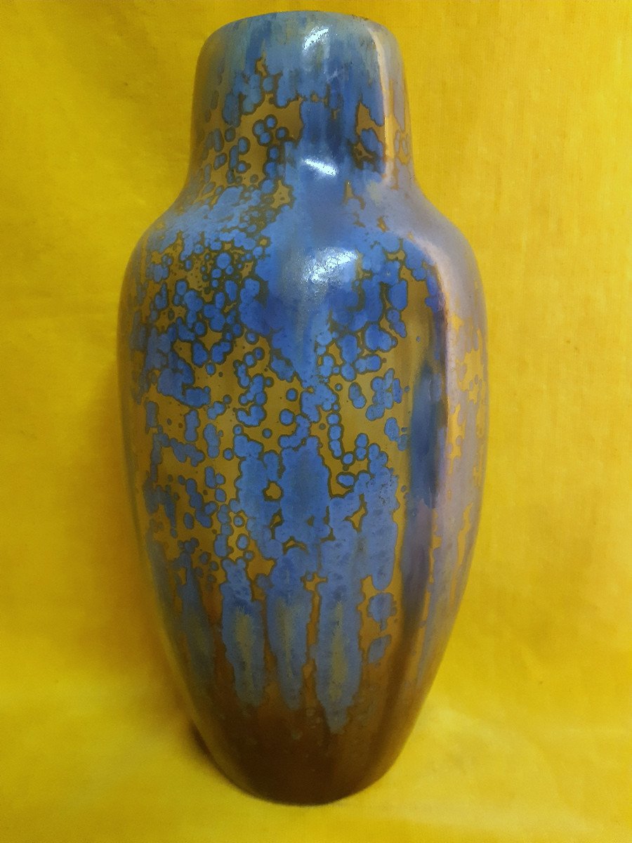 Large Baluster Vase Straight Neck Pierrefonds Stoneware Crystallized Enamels Art Deco 1930