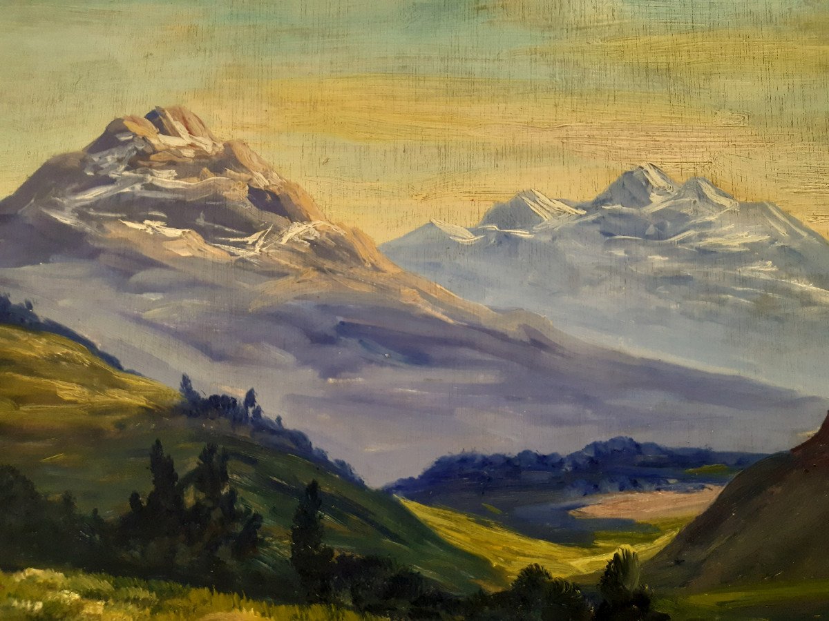 Painting On Panel Mountain Landscape Alps From The 1930s By Guy Le Florentin (1907-1978)-photo-3