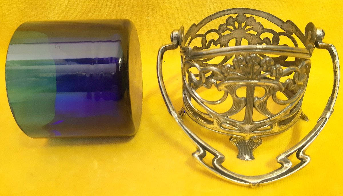 Small Blue Glass Cup With Ansée Frame In Metal Art Nouveau 1900-photo-2