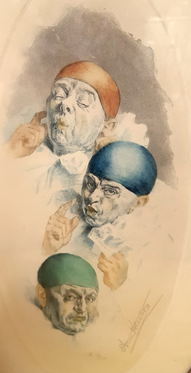 Etching Framed Oval Multiple Self-portrait In Pierrot By Armand Henrion Signed (1875-1958)-photo-2