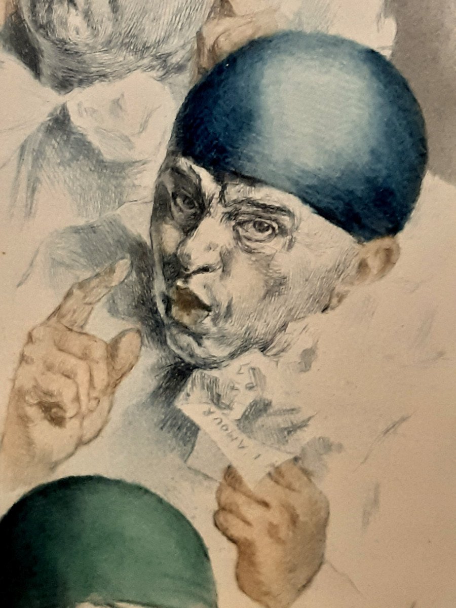 Eau forte Encadrée Ovale Autoportrait Multiple en Pierrot d’ Armand HENRION Signée (1875-1958)-photo-1