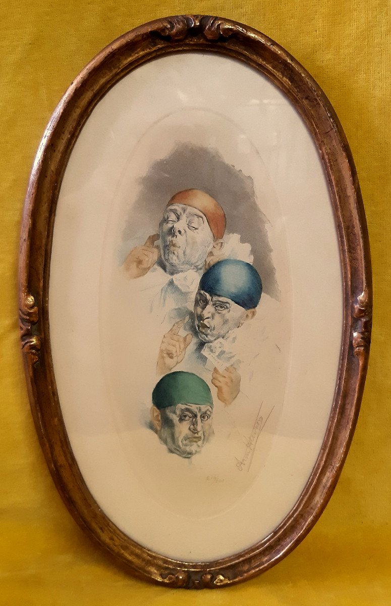 Etching Framed Oval Multiple Self-portrait In Pierrot By Armand Henrion Signed (1875-1958)-photo-5