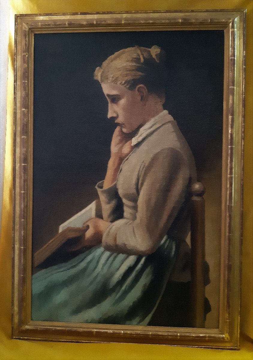 Large Oil Young Woman Reader In Her Thoughts Monogrammed Ab 1903.-photo-3