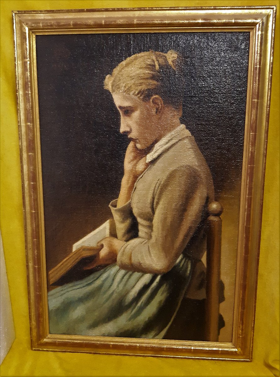 Large Oil Young Woman Reader In Her Thoughts Monogrammed Ab 1903.