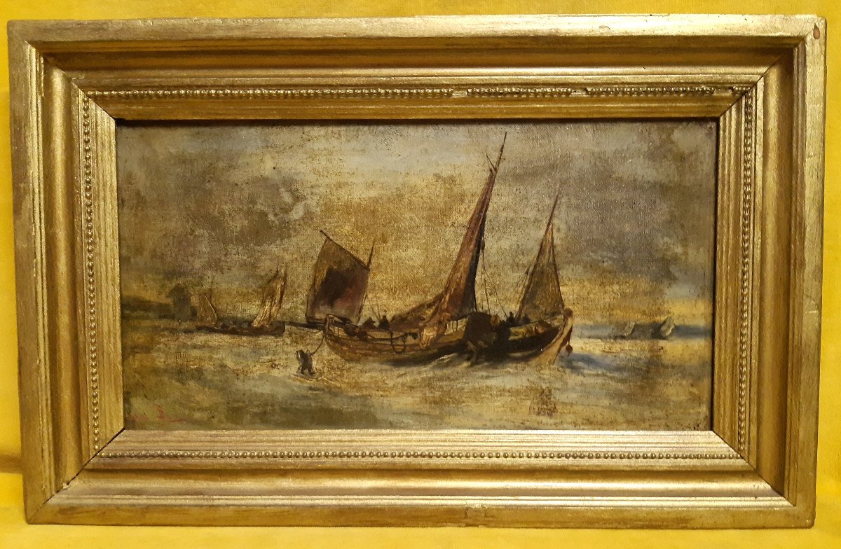 Huile sur Toile  Marine Bateaux de Pèche arrivant sur la Plage Encadrée de Karl BEN XIXéme-photo-2