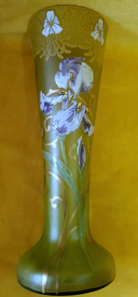 Large Vase Legras Montjoie St Denis Blown Enameled Iris 1900 Art Nouveau-photo-6