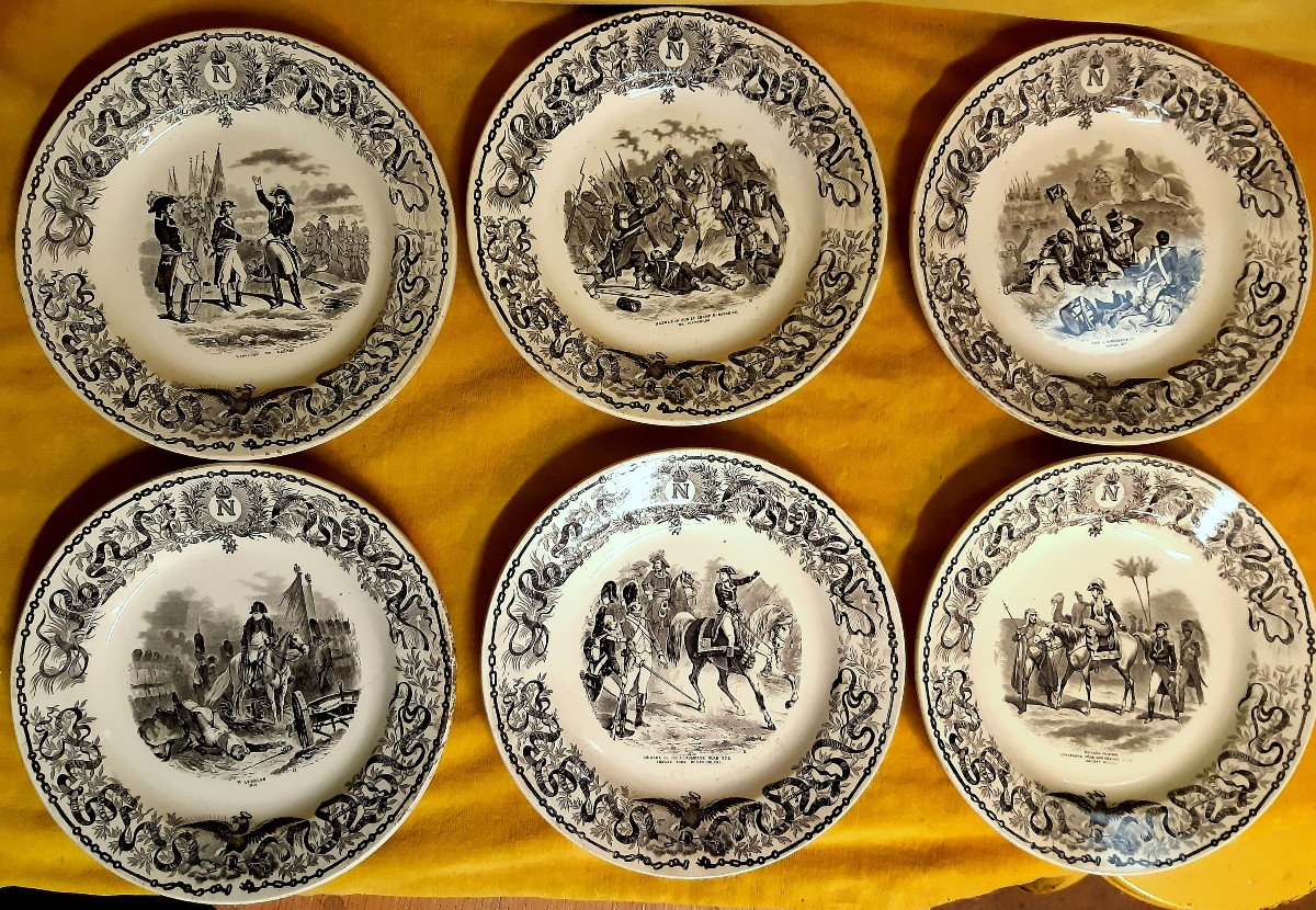 Napoleon Egyptian Campaign, Waterloo… 6 Earthenware Plates Sarreguemines 19th