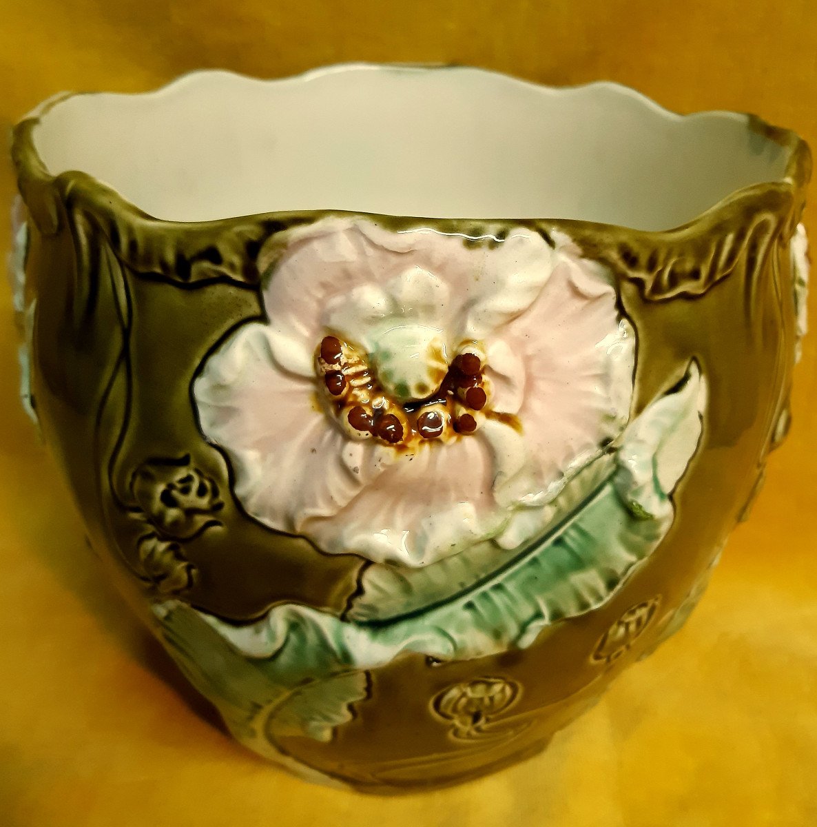 Cache Pot Barbotine Fleurs de Pavot Art Nouveau "1900" Fives Lille-photo-2