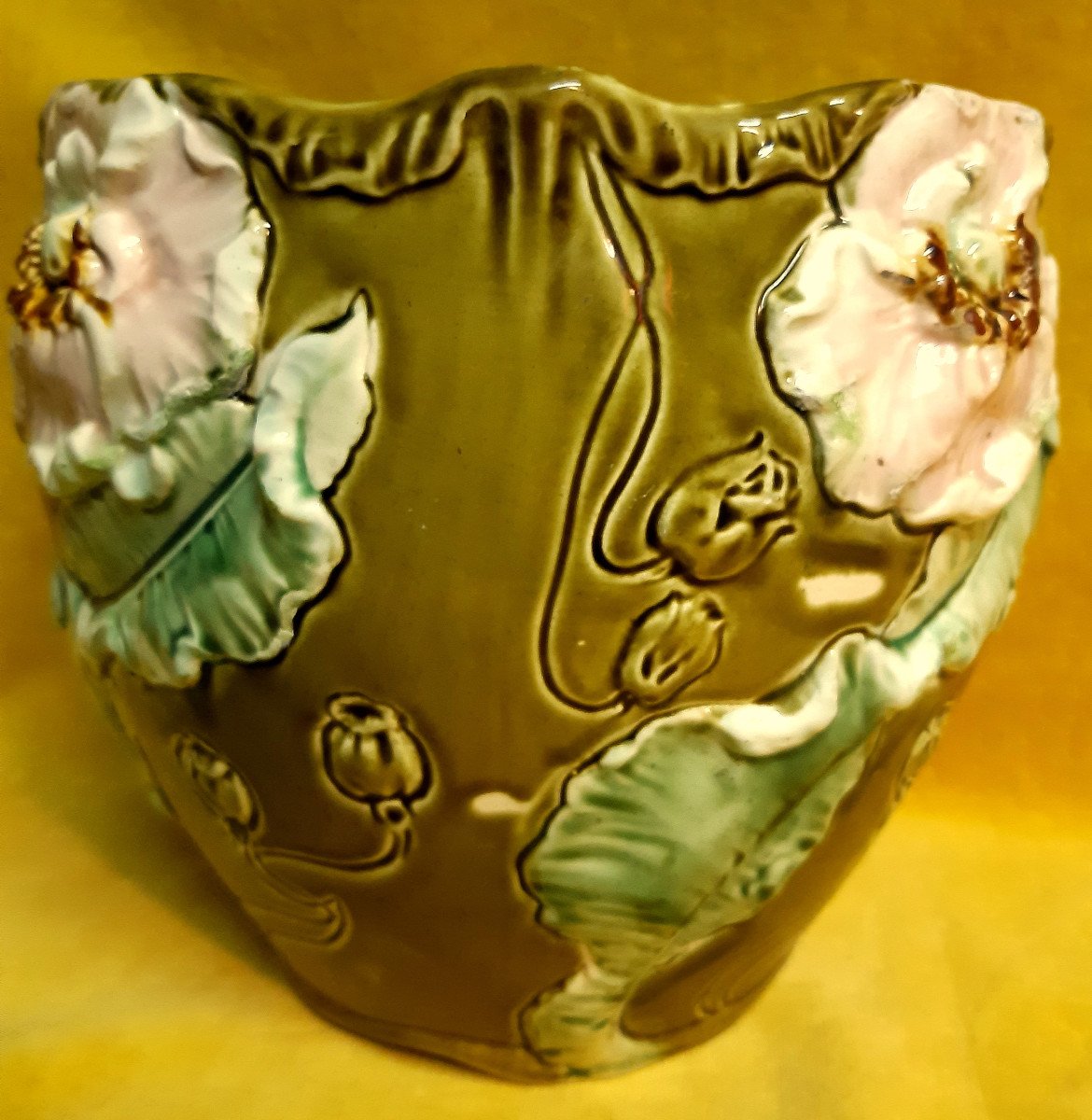 Cache Pot Barbotine Fleurs de Pavot Art Nouveau "1900" Fives Lille-photo-3