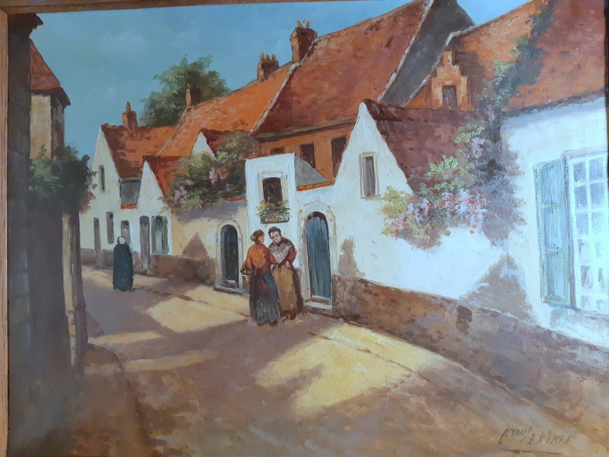 Oil On Canvas Rue De Village Du Nord By Gaston Lekimpe (late 19th -20th Century)-photo-2