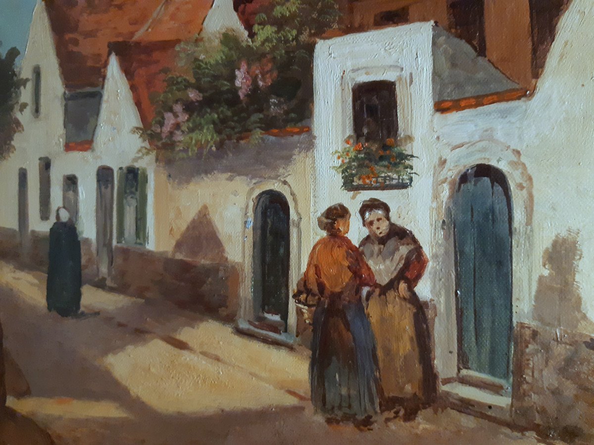 Oil On Canvas Rue De Village Du Nord By Gaston Lekimpe (late 19th -20th Century)-photo-1