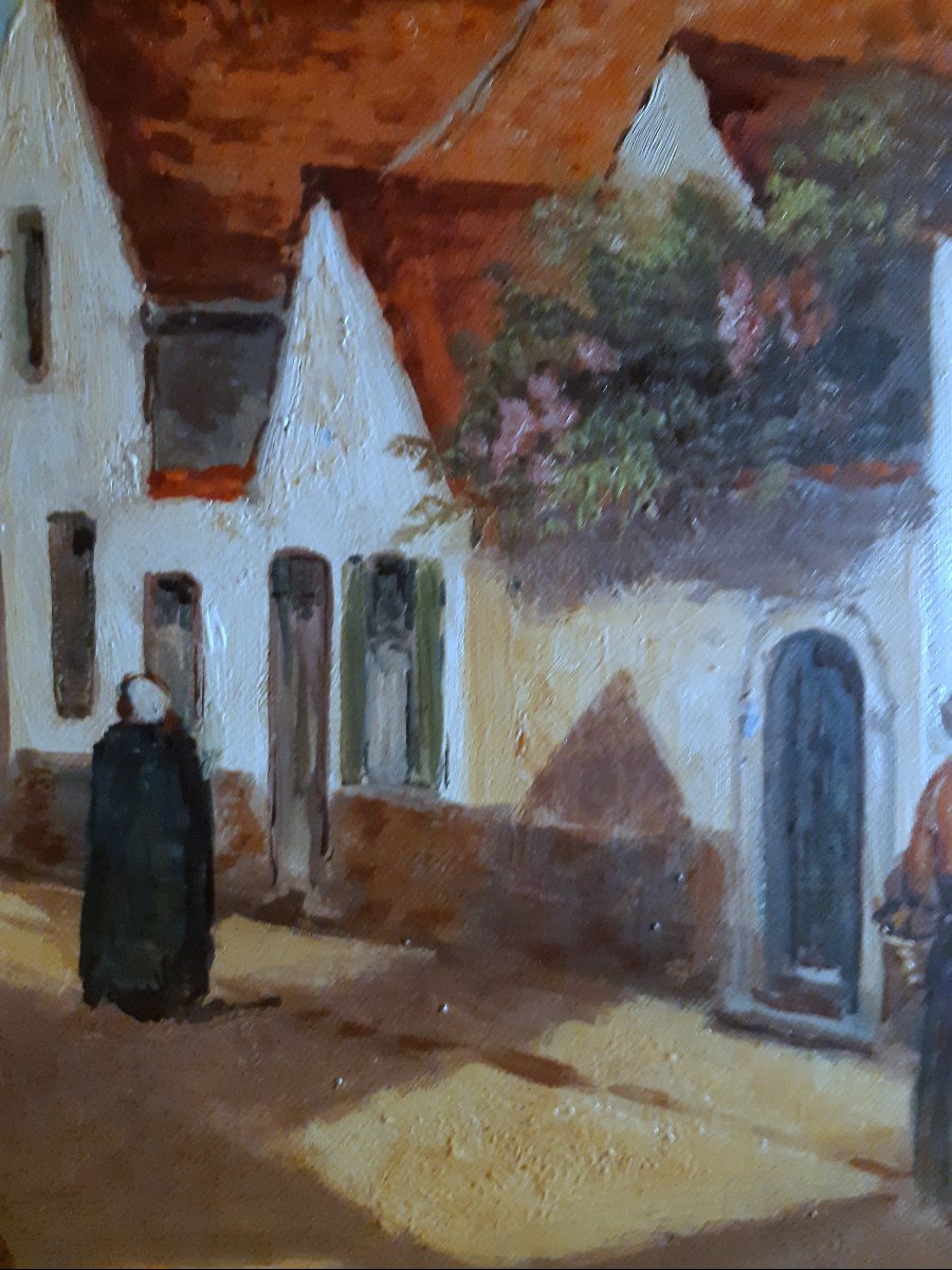 Oil On Canvas Rue De Village Du Nord By Gaston Lekimpe (late 19th -20th Century)-photo-2