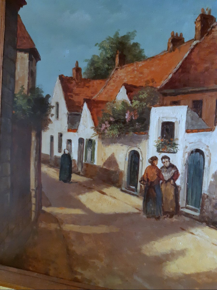 Oil On Canvas Rue De Village Du Nord By Gaston Lekimpe (late 19th -20th Century)-photo-4