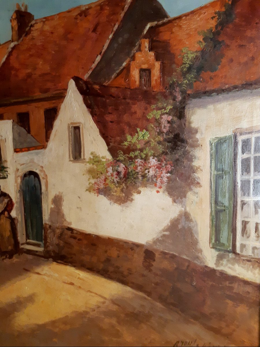 Oil On Canvas Rue De Village Du Nord By Gaston Lekimpe (late 19th -20th Century)-photo-5