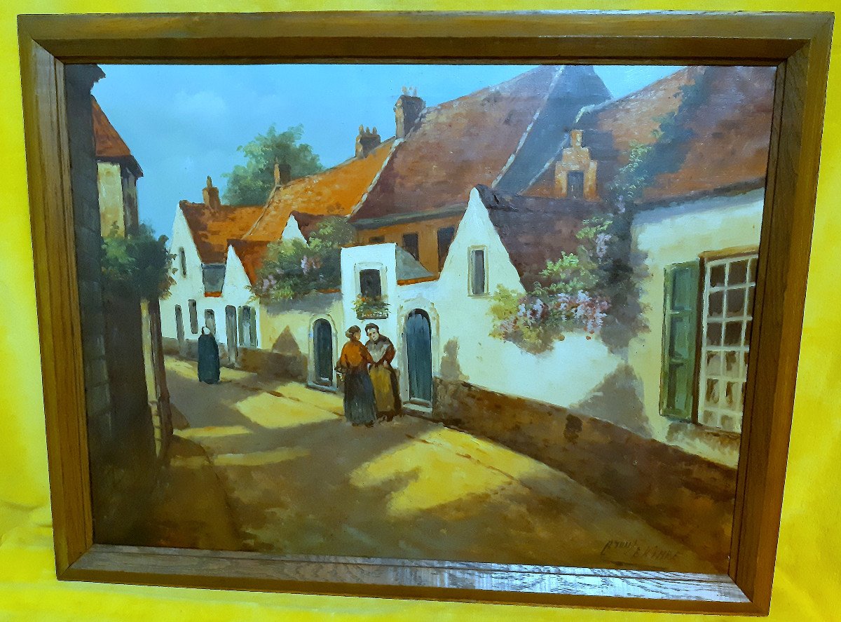 Oil On Canvas Rue De Village Du Nord By Gaston Lekimpe (late 19th -20th Century)