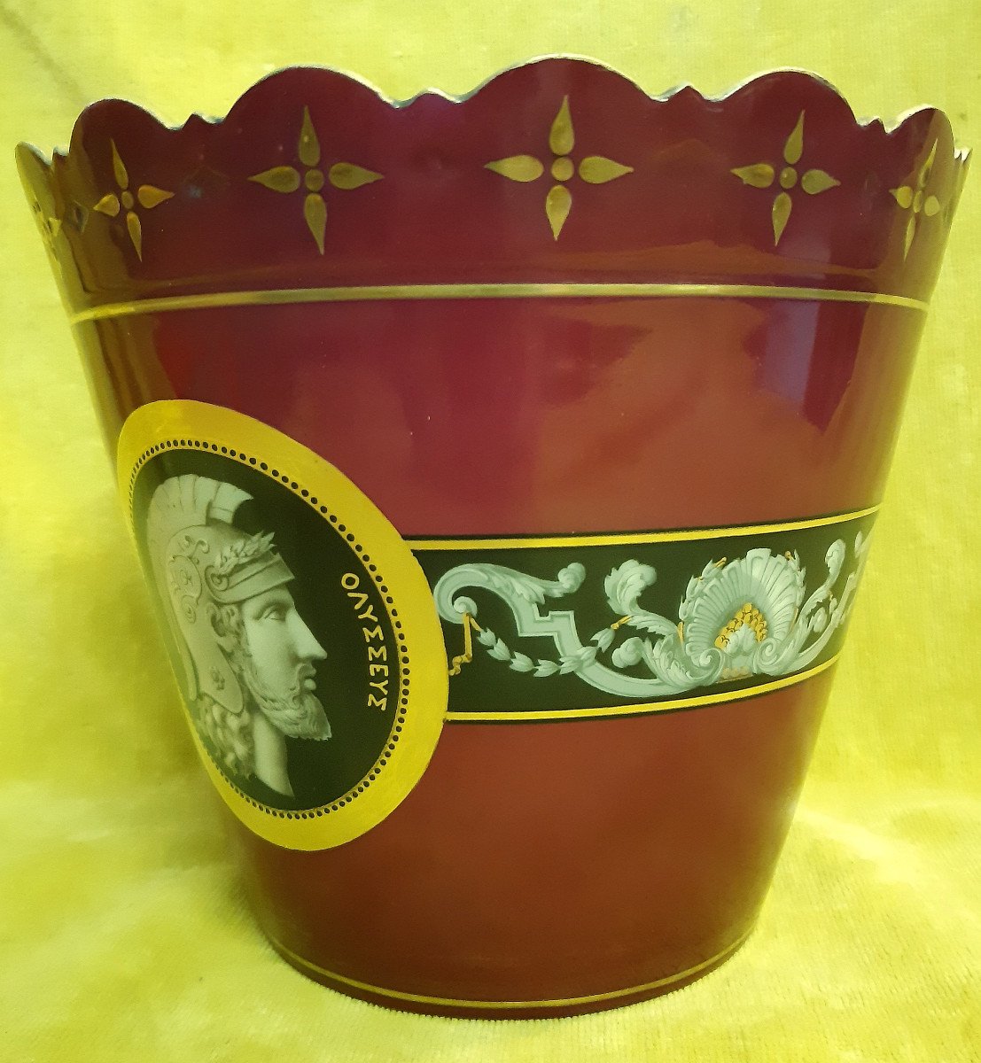 Paris Porcelain Cache Pot Napoleon III 19th Painted Greek Warrior-photo-2