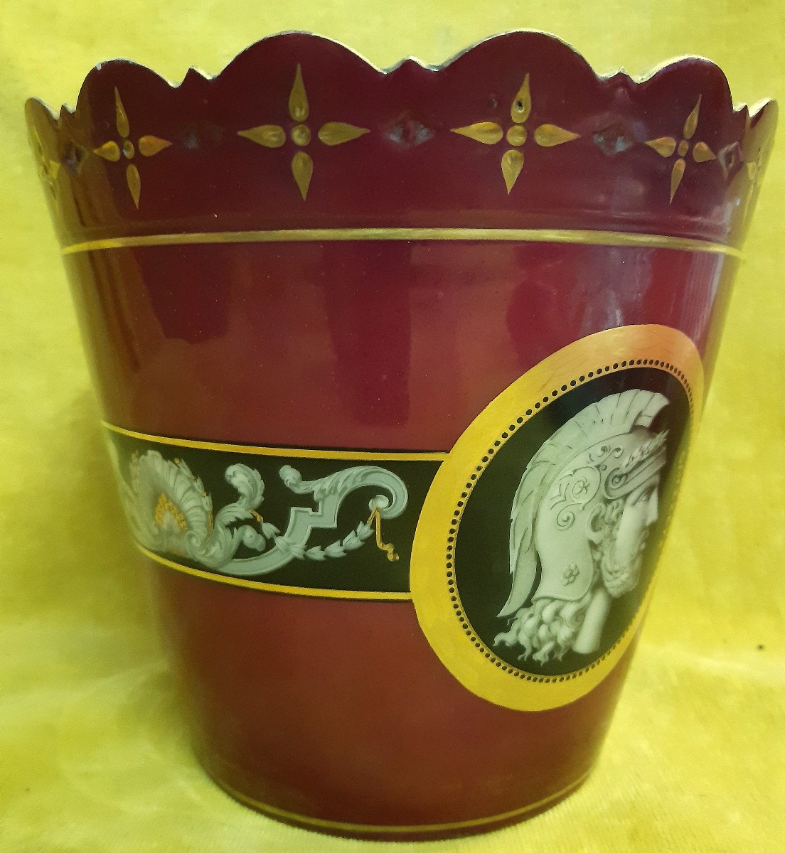 Paris Porcelain Cache Pot Napoleon III 19th Painted Greek Warrior-photo-4