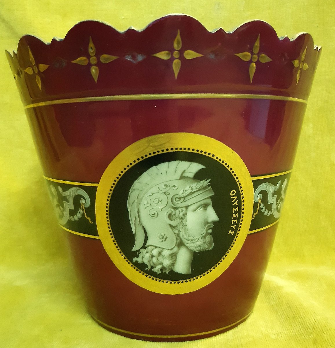 Paris Porcelain Cache Pot Napoleon III 19th Painted Greek Warrior