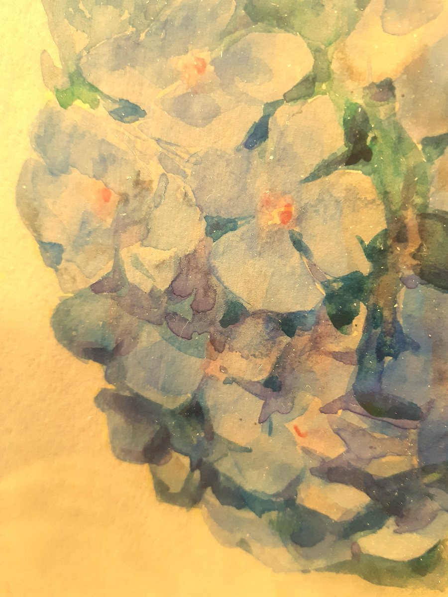 Aquarelle Ronde d’Hortensia Bleu dans Vase Balustre  vers 1900 par Lucien PALLANDRE (1870-?)-photo-5