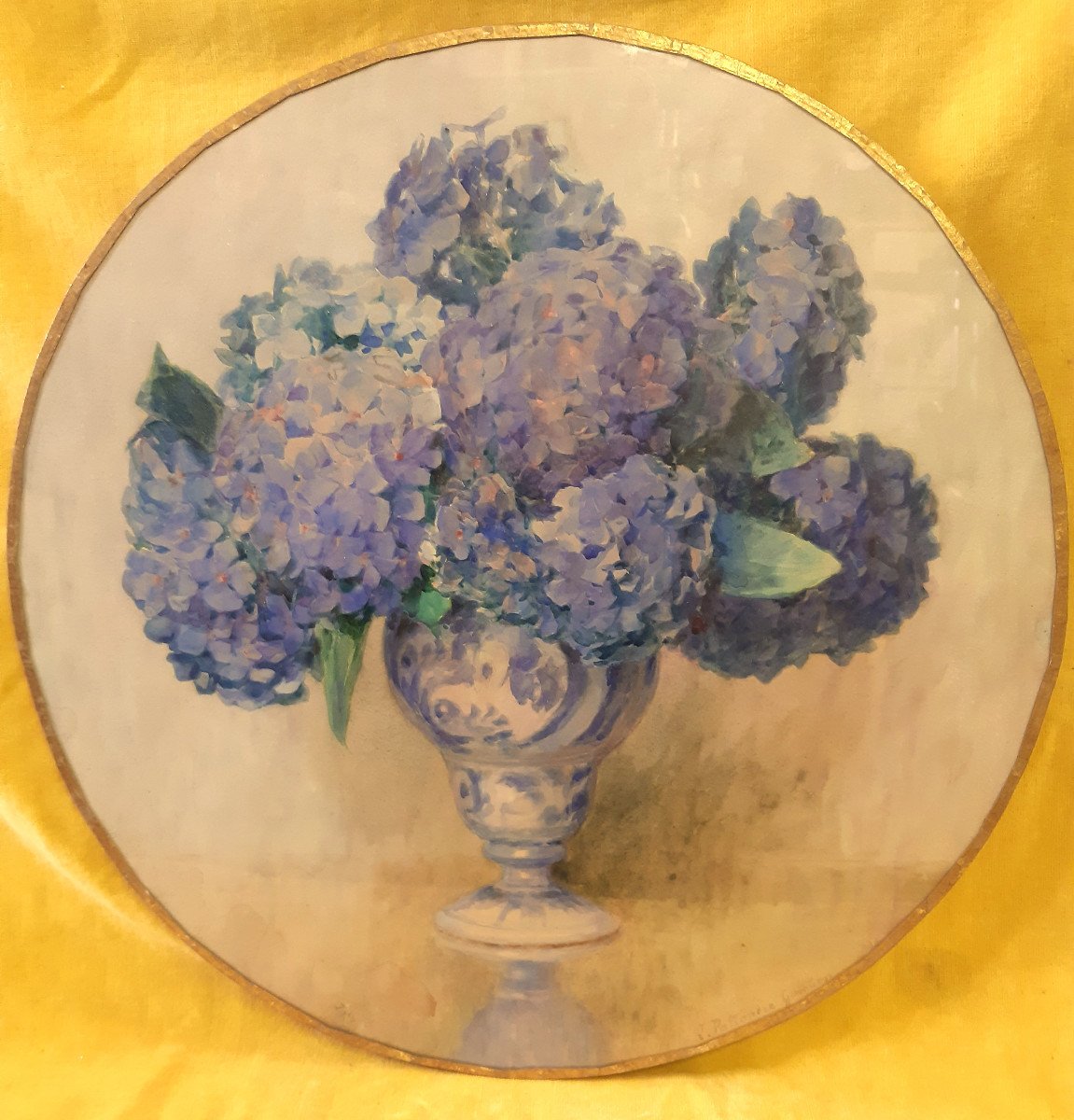 Aquarelle Ronde d’Hortensia Bleu dans Vase Balustre  vers 1900 par Lucien PALLANDRE (1870-?)