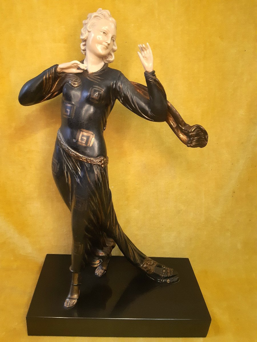 Elegant Chryselephantine Woman Dancing Art Deco Ivory Painted Decor Style 1930