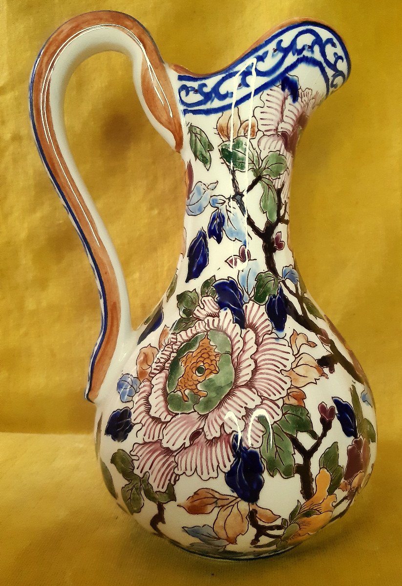Ribbed Ansé Pitcher From The Gien Manufacture With Hand-painted Peony Decor -photo-1