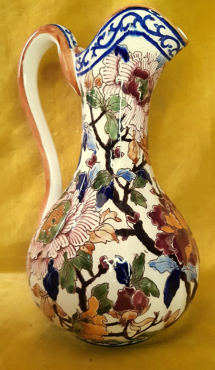 Ribbed Ansé Pitcher From The Gien Manufacture With Hand-painted Peony Decor -photo-2