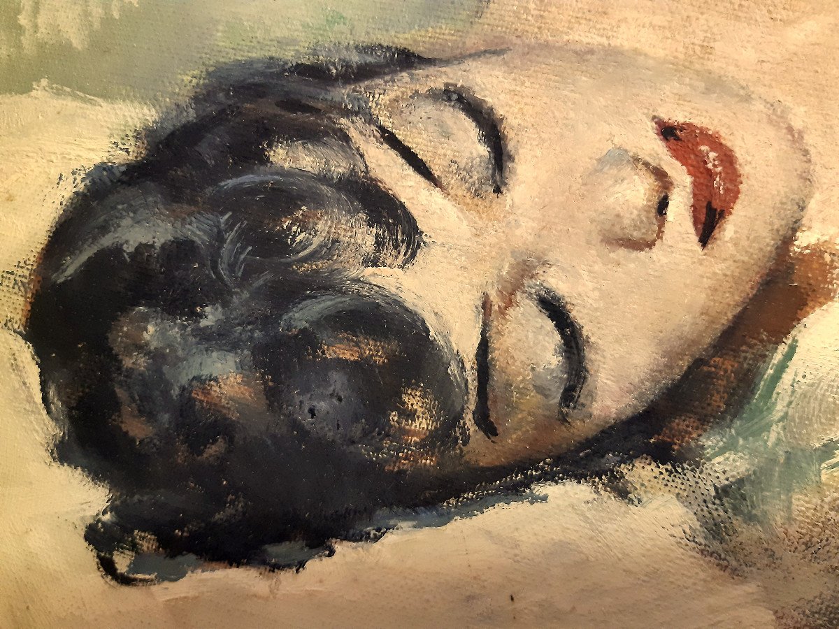 Huile sur Toile Modèle Nu Alangui sur un Lit de Georges Pierre Guinegault (1893-1983)-photo-3