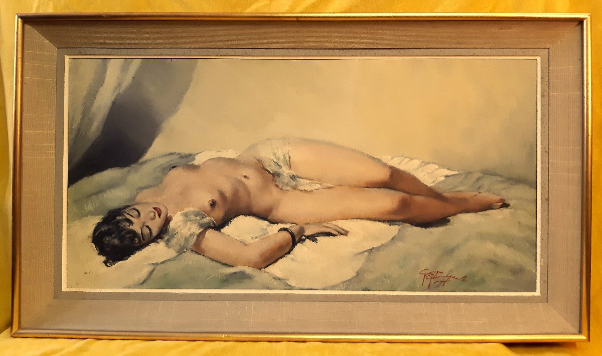 Huile sur Toile Modèle Nu Alangui sur un Lit de Georges Pierre Guinegault (1893-1983)-photo-6