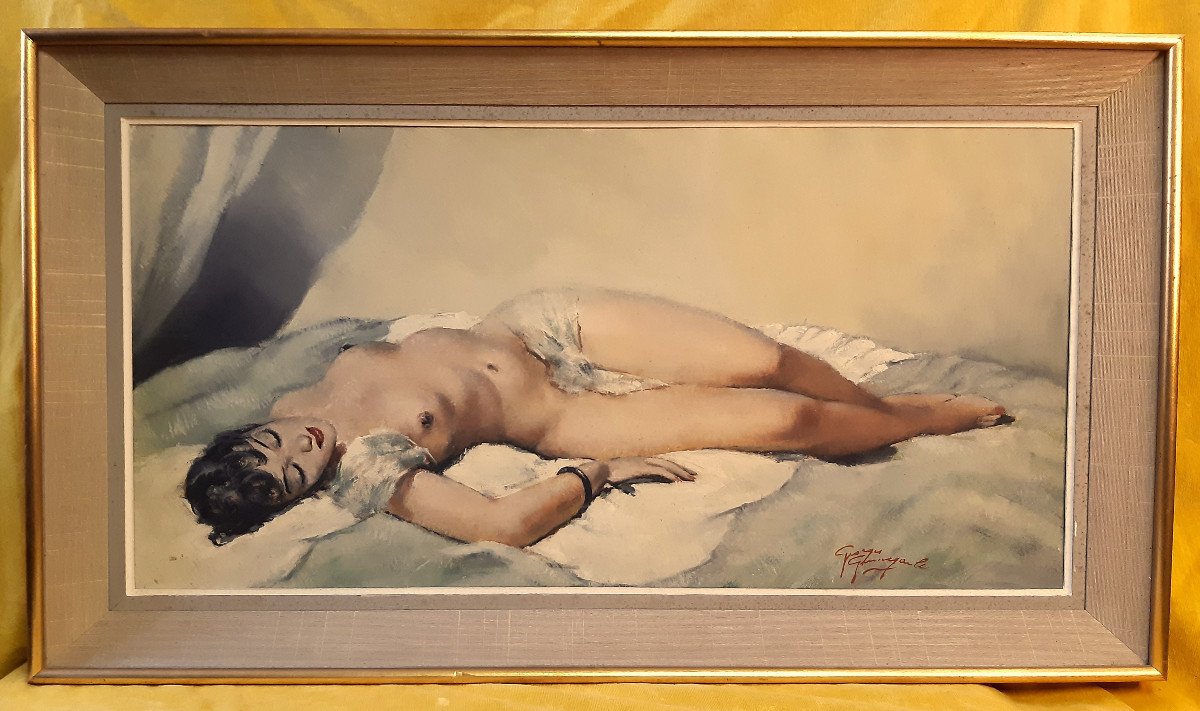 Huile sur Toile Modèle Nu Alangui sur un Lit de Georges Pierre Guinegault (1893-1983)