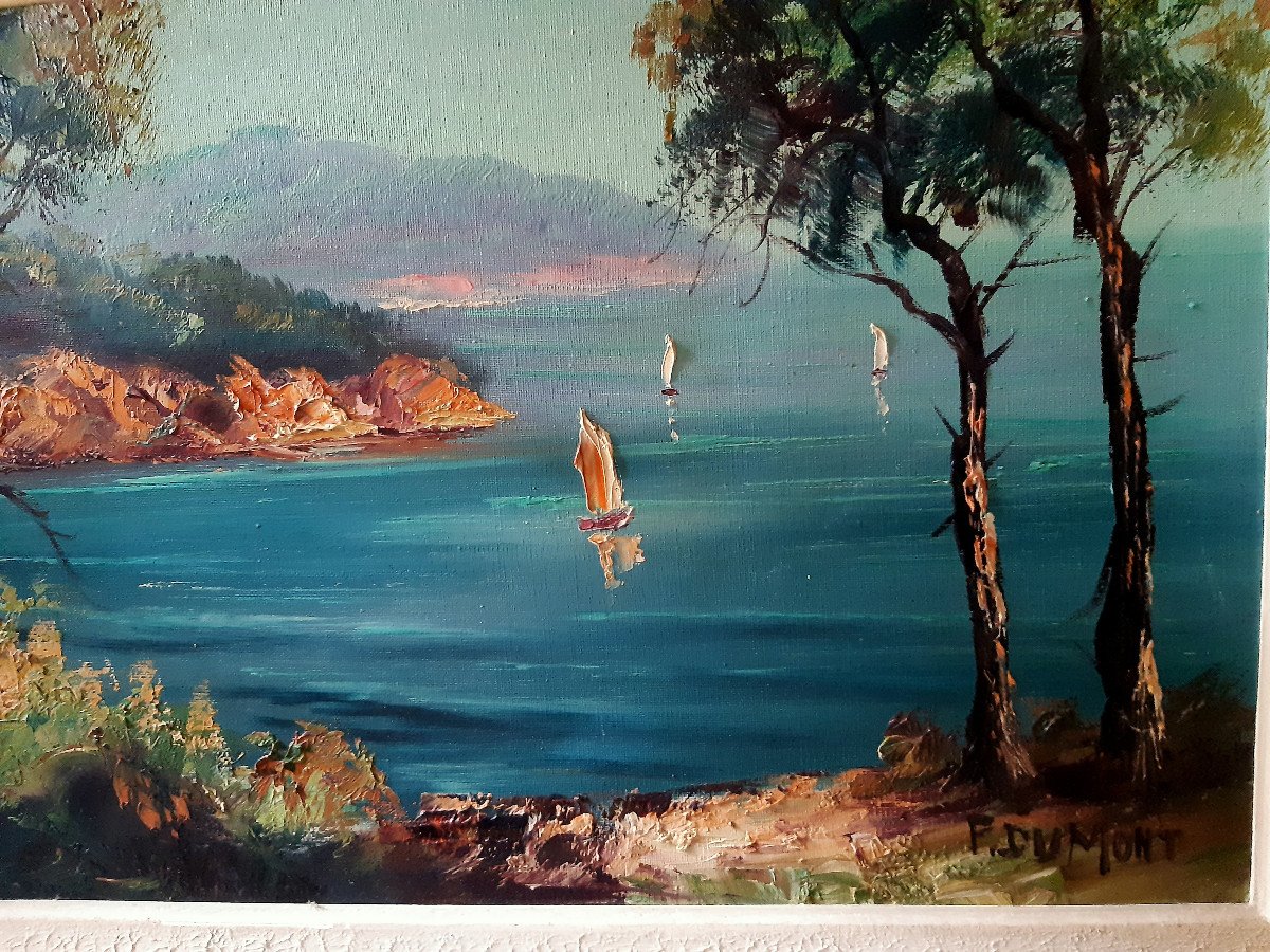 Marine Huile sur Toile Baie avec Bateaux de Pierre DUMONT (1920-1987) -photo-3