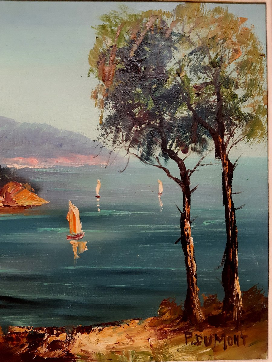 Marine Huile sur Toile Baie avec Bateaux de Pierre DUMONT (1920-1987) -photo-4