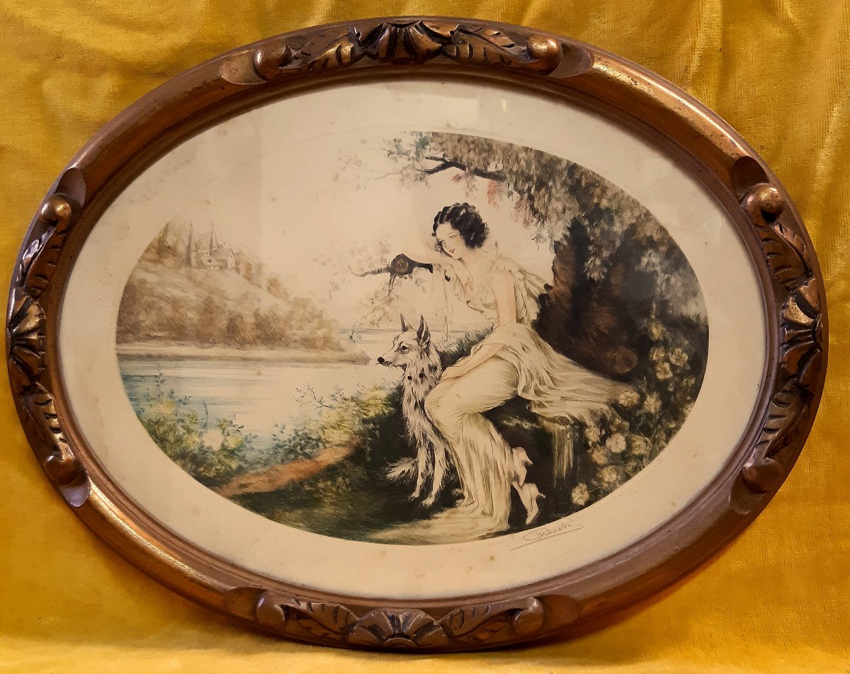 2 Framed Colored Oval Engravings Elegant Women And Dogs By Andre Art Deco 1920-1930-photo-2