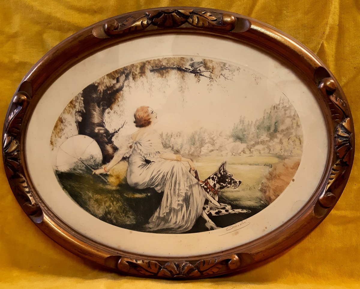 2 Framed Colored Oval Engravings Elegant Women And Dogs By Andre Art Deco 1920-1930-photo-3