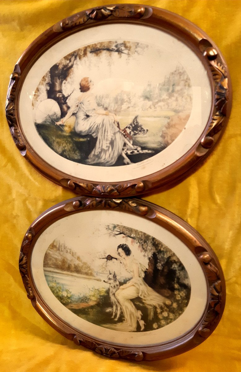 2 Framed Colored Oval Engravings Elegant Women And Dogs By Andre Art Deco 1920-1930-photo-8