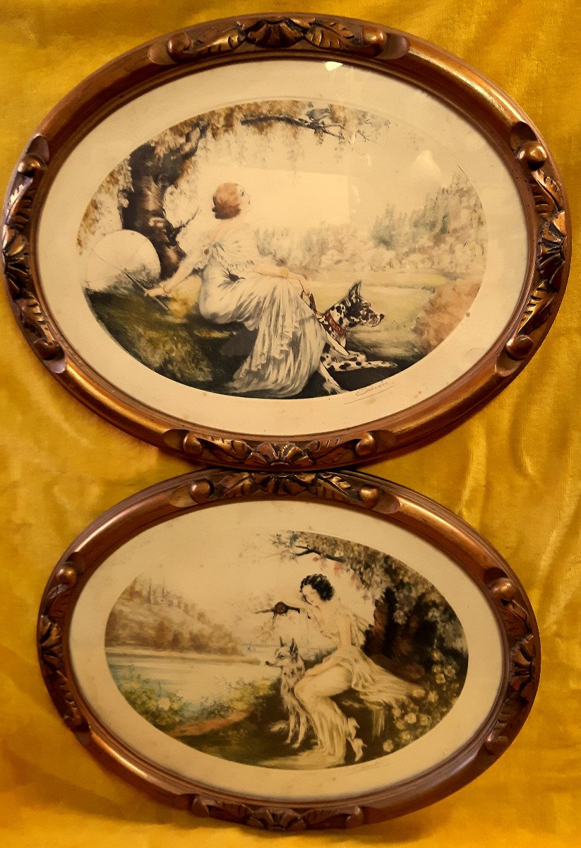 2 Framed Colored Oval Engravings Elegant Women And Dogs By Andre Art Deco 1920-1930