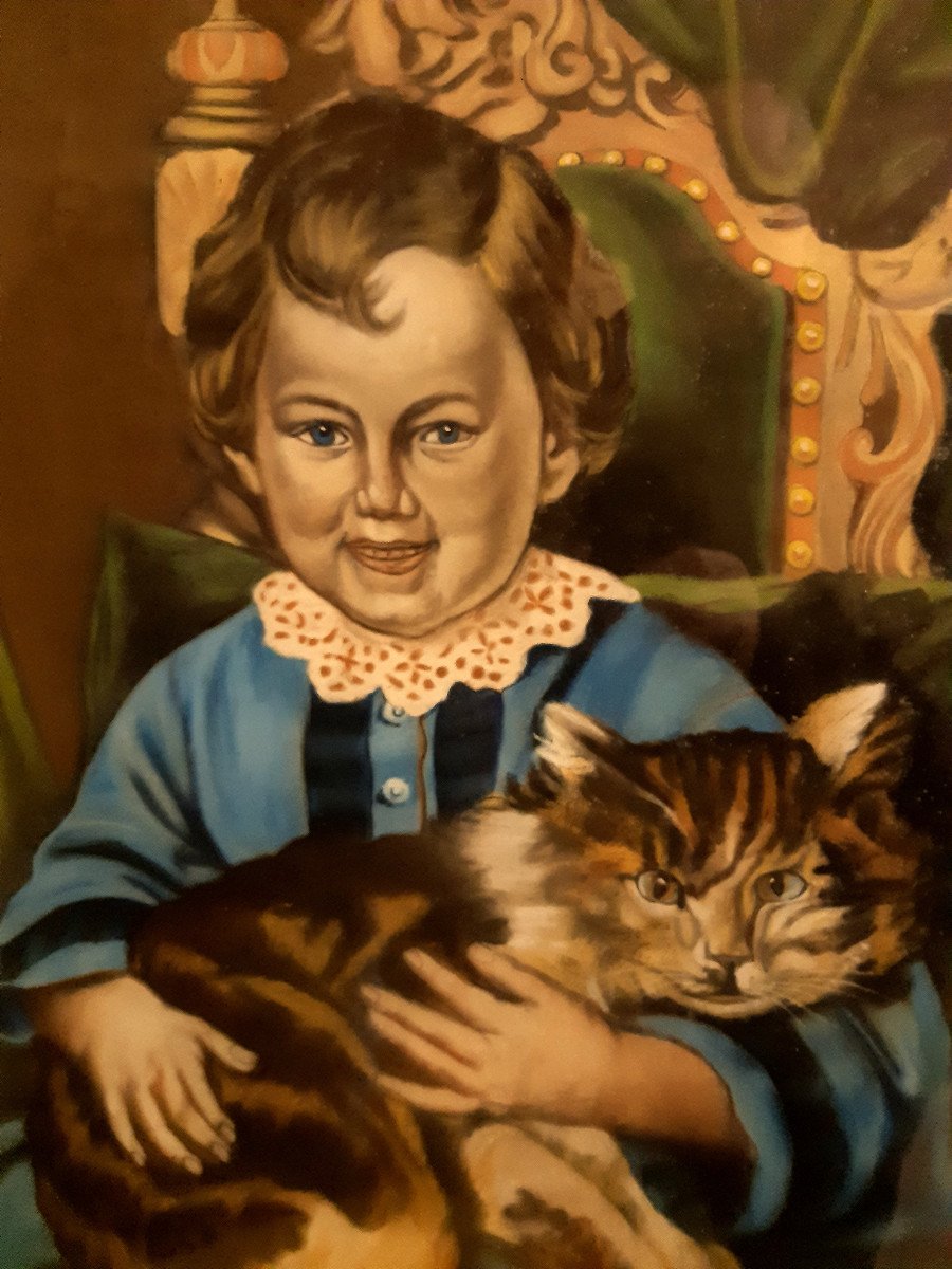 Large Framed Pastel 1869 “the Good Comrade” Child With A Big Cat In His Arms, 19th Century -photo-2