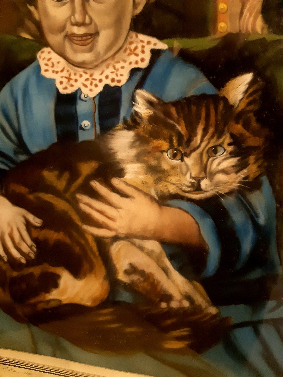 Large Framed Pastel 1869 “the Good Comrade” Child With A Big Cat In His Arms, 19th Century -photo-4