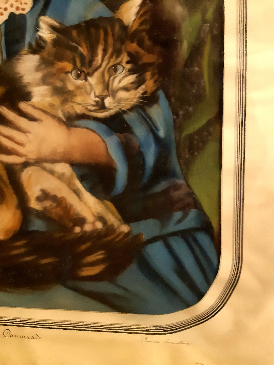 Large Framed Pastel 1869 “the Good Comrade” Child With A Big Cat In His Arms, 19th Century -photo-1