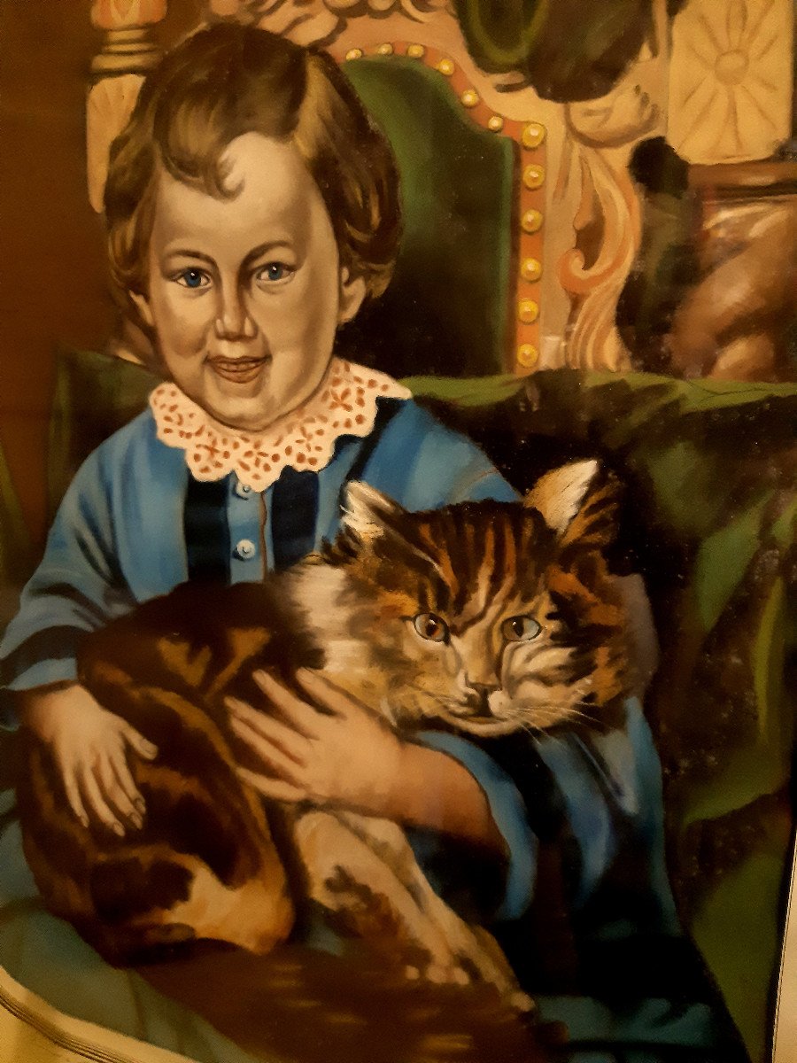 Large Framed Pastel 1869 “the Good Comrade” Child With A Big Cat In His Arms, 19th Century -photo-2