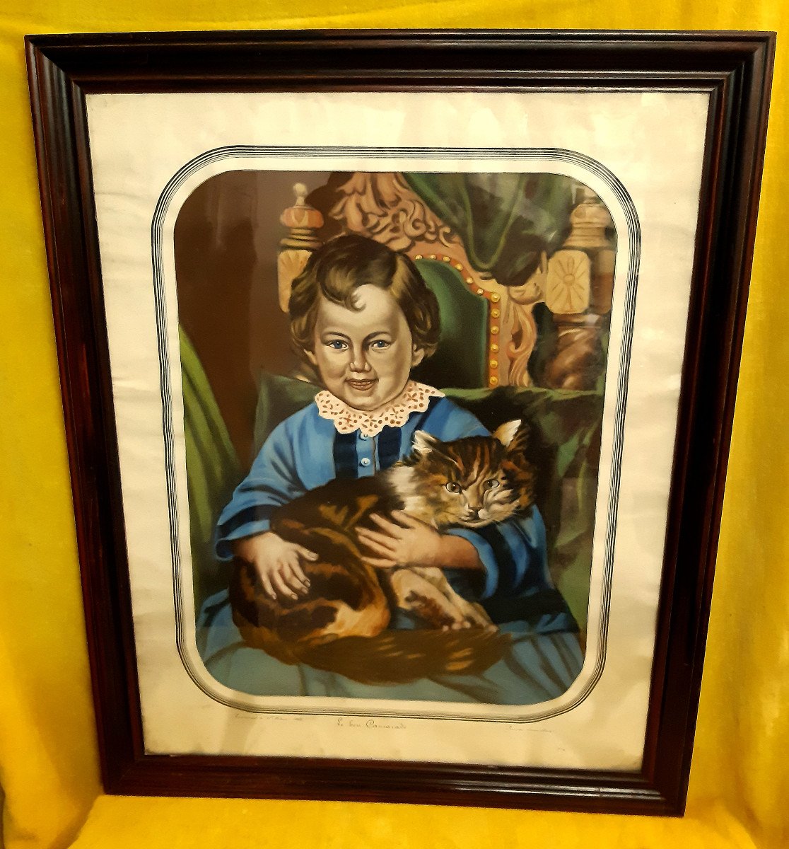 Large Framed Pastel 1869 “the Good Comrade” Child With A Big Cat In His Arms, 19th Century 