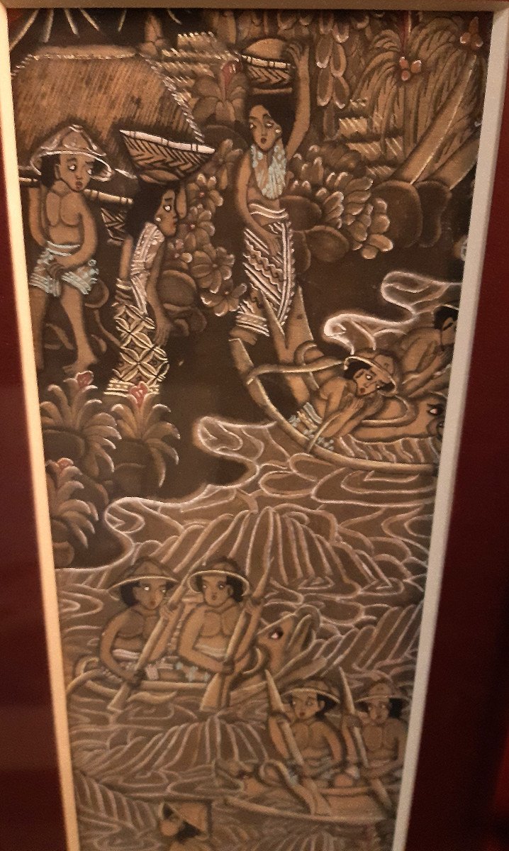 Set Of 3 Balinese Paintings Indonesia Traditional Art Of Batuan -photo-1